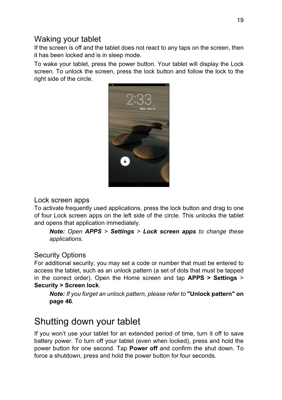 Waking your tablet, Shutting down your tablet | Acer B1-711 User Manual | Page 19 / 51