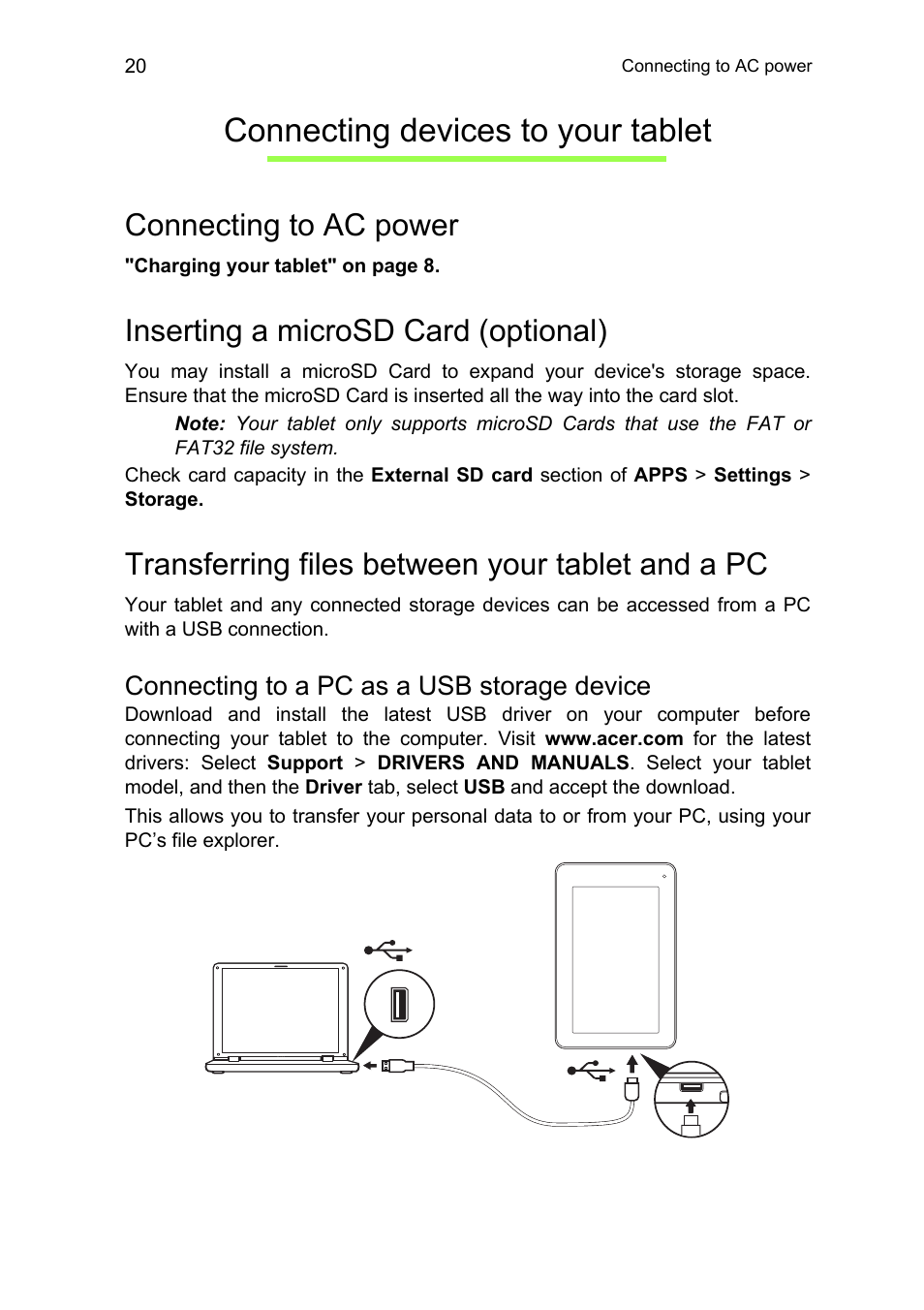 Connecting devices to your tablet, Connecting to ac power, Inserting a microsd card (optional) | Transferring files between your tablet and a pc, Connecting to a pc as a usb storage device | Acer B1-711 User Manual | Page 20 / 51