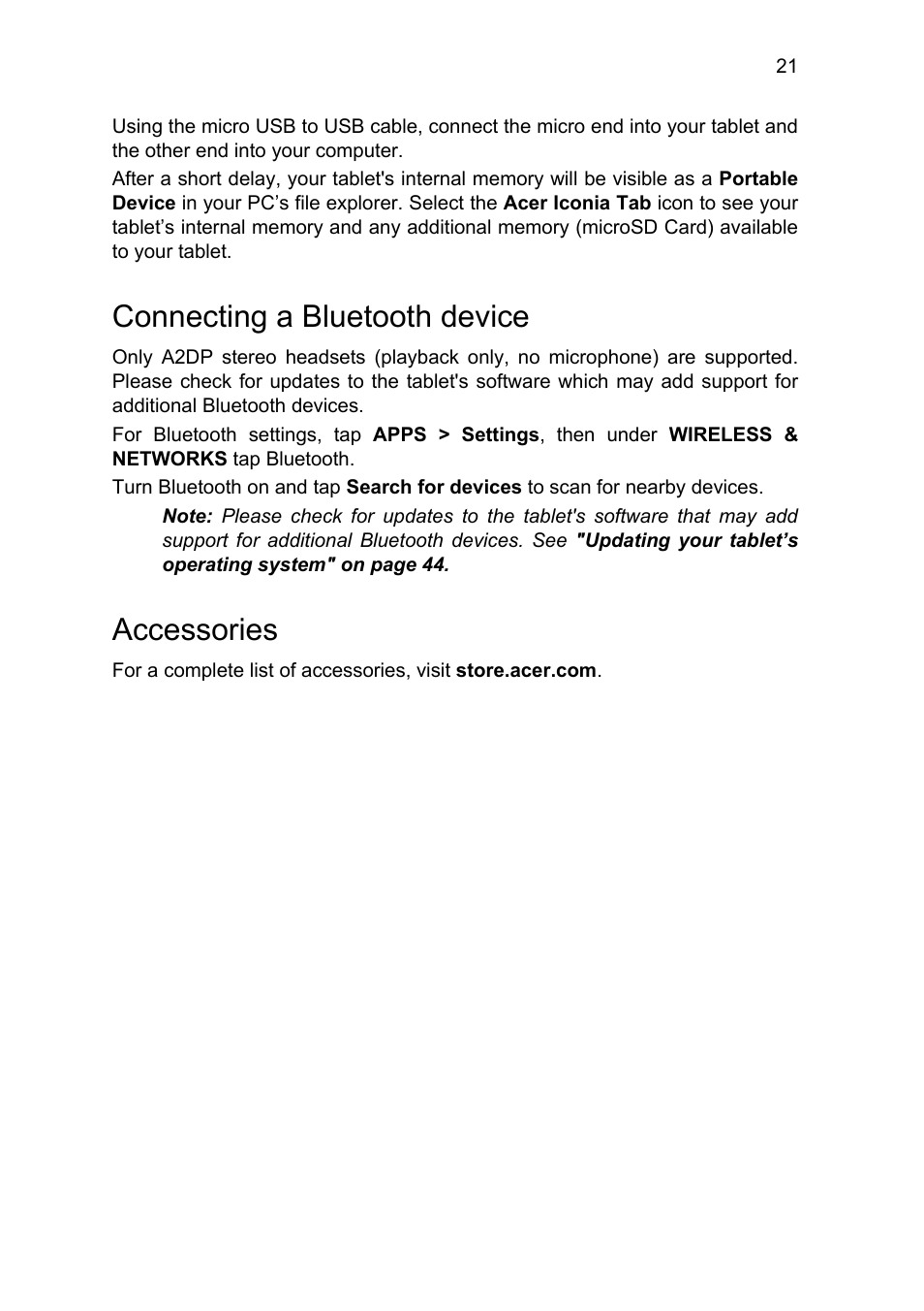 Connecting a bluetooth device, Accessories, Connecting a bluetooth device accessories | Acer B1-711 User Manual | Page 21 / 51