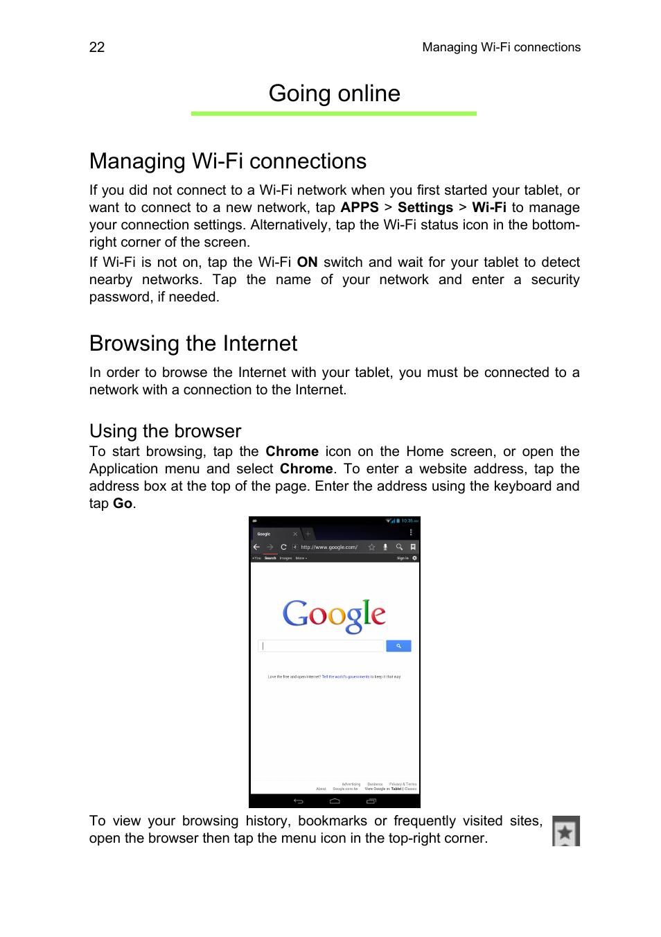 Going online, Managing wi-fi connections, Browsing the internet | Using the browser, Managing wi-fi connections browsing the internet | Acer B1-711 User Manual | Page 22 / 51