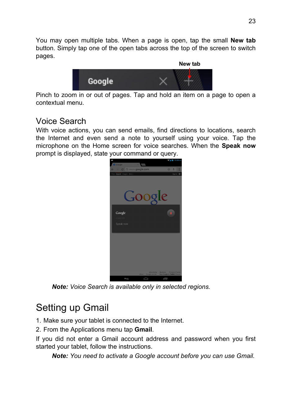 Voice search, Setting up gmail | Acer B1-711 User Manual | Page 23 / 51