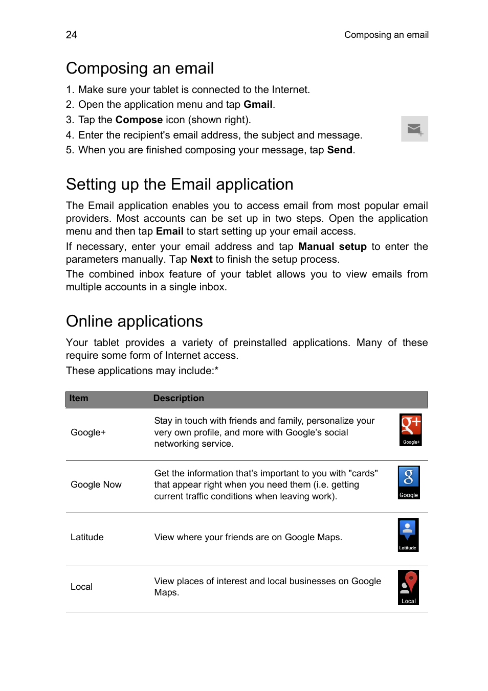 Composing an email, Setting up the email application, Online applications | Acer B1-711 User Manual | Page 24 / 51