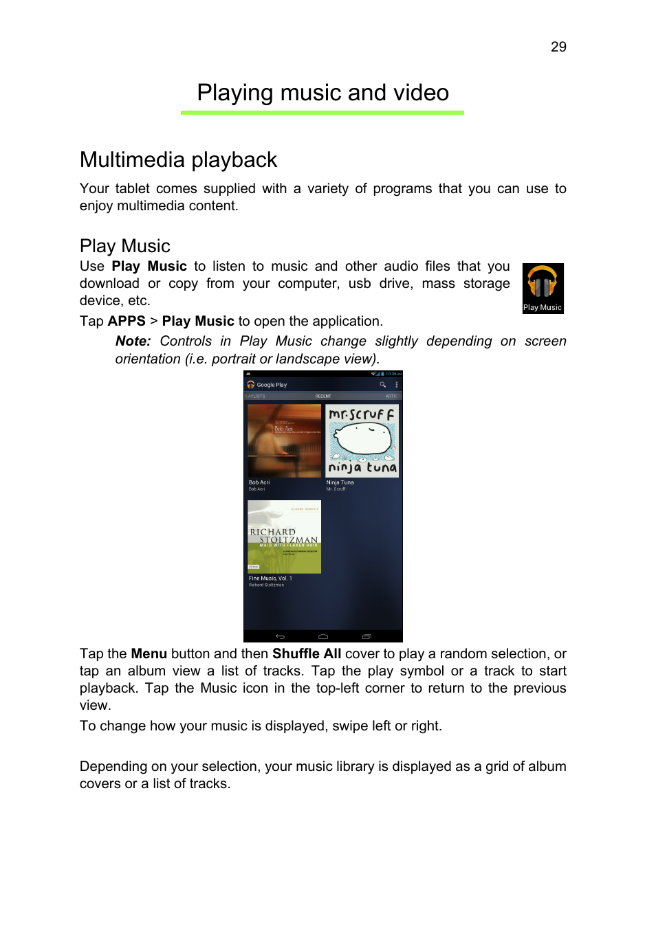 Playing music and video, Multimedia playback, Play music | Acer B1-711 User Manual | Page 29 / 51