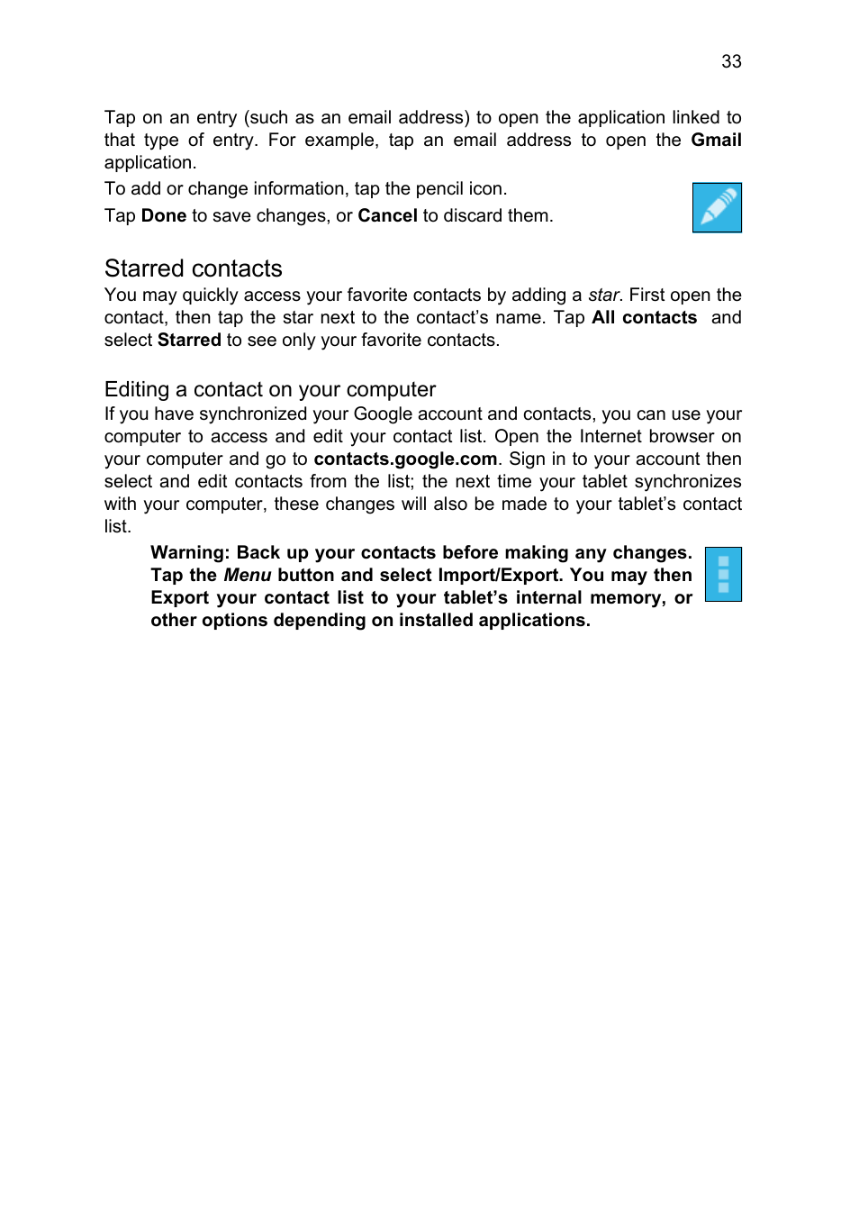 Starred contacts | Acer B1-711 User Manual | Page 33 / 51