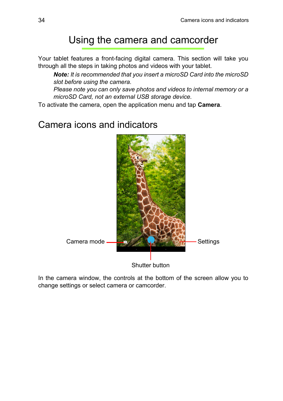 Using the camera and camcorder, Camera icons and indicators | Acer B1-711 User Manual | Page 34 / 51