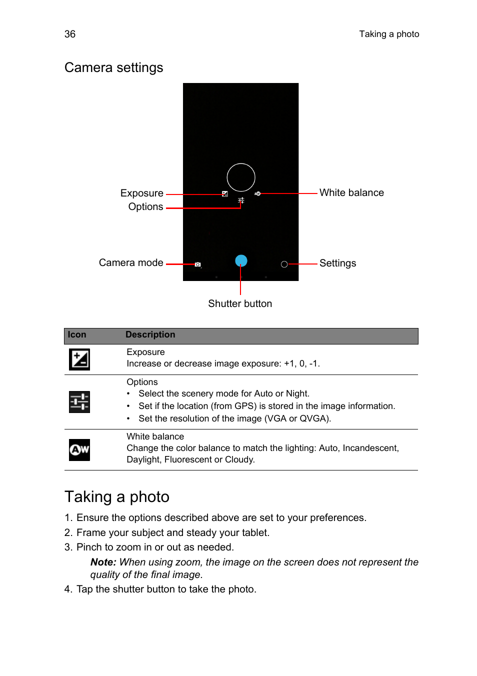 Camera settings, Taking a photo | Acer B1-711 User Manual | Page 36 / 51