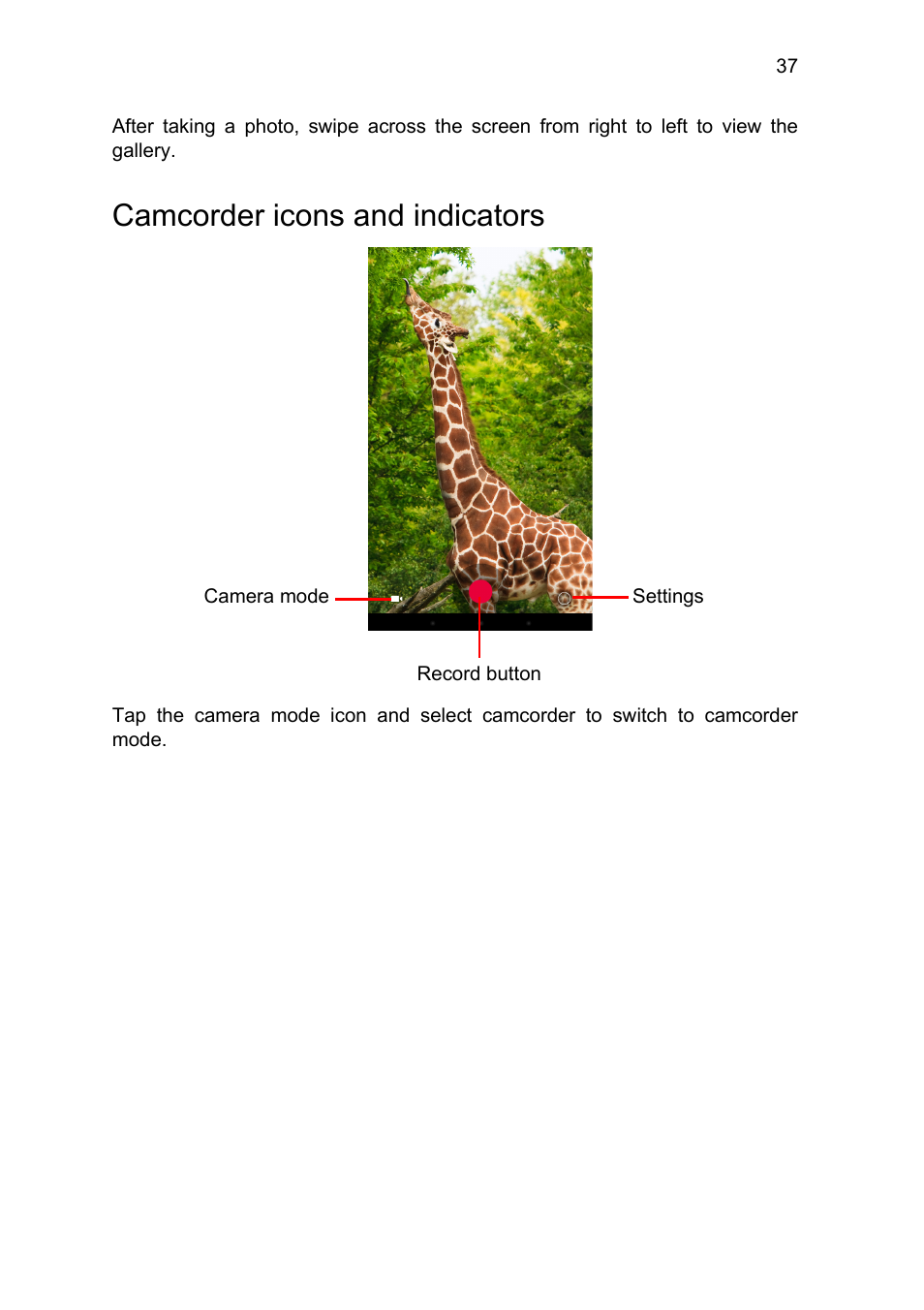 Camcorder icons and indicators | Acer B1-711 User Manual | Page 37 / 51