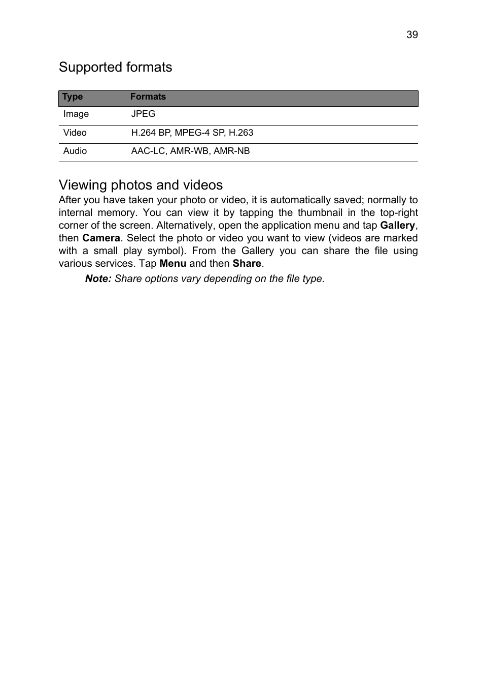 Supported formats, Viewing photos and videos | Acer B1-711 User Manual | Page 39 / 51