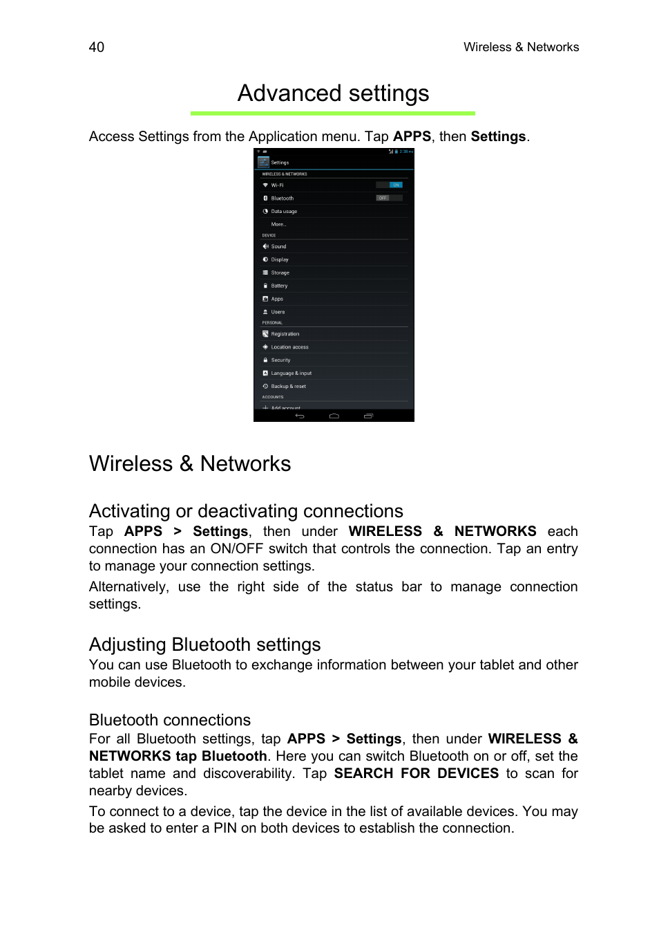 Advanced settings, Wireless & networks, Activating or deactivating connections | Adjusting bluetooth settings | Acer B1-711 User Manual | Page 40 / 51