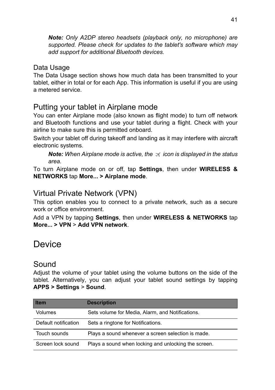 Putting your tablet in airplane mode, Virtual private network (vpn), Device | Sound | Acer B1-711 User Manual | Page 41 / 51