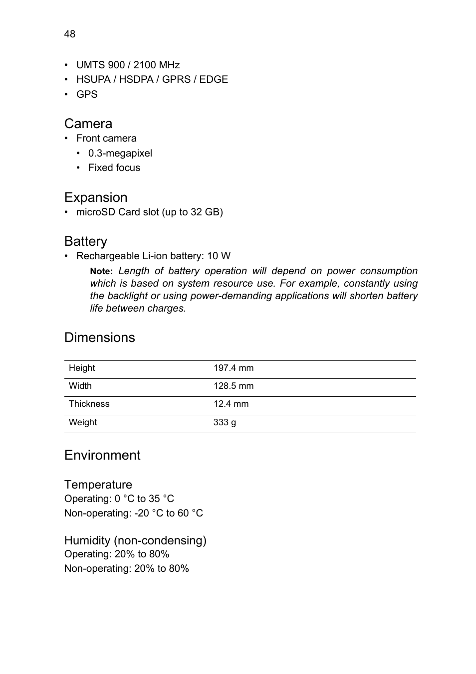 Camera, Expansion, Battery | Dimensions, Environment | Acer B1-711 User Manual | Page 48 / 51