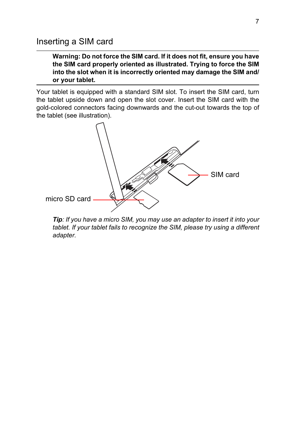 Inserting a sim card | Acer B1-711 User Manual | Page 7 / 51