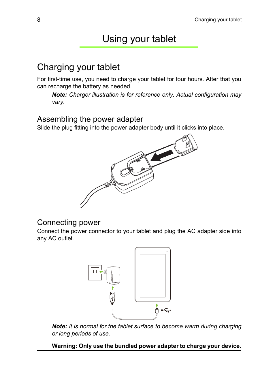 Using your tablet, Charging your tablet, Assembling the power adapter | Connecting power | Acer B1-711 User Manual | Page 8 / 51