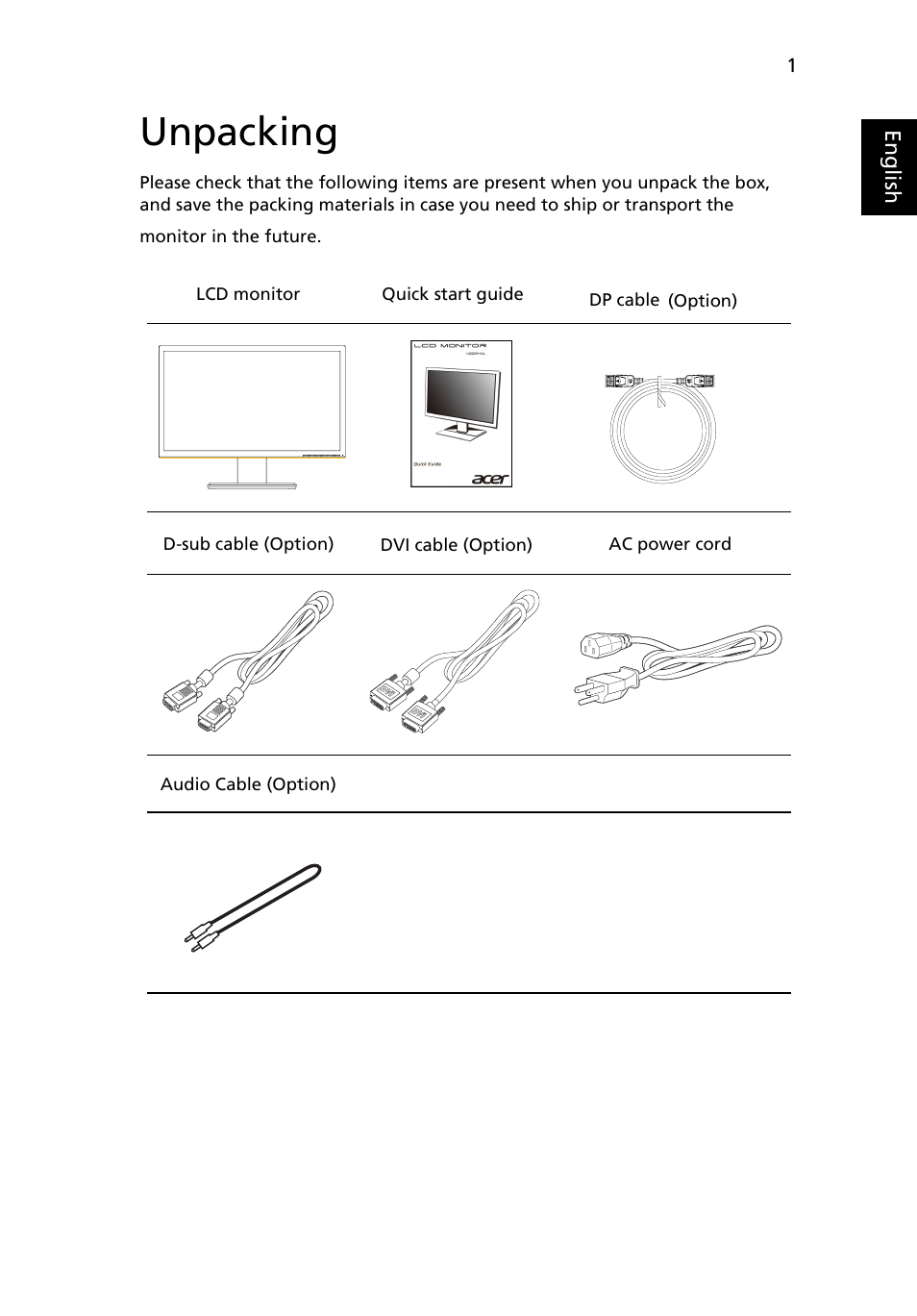 Unpacking | Acer P229HQL User Manual | Page 13 / 27