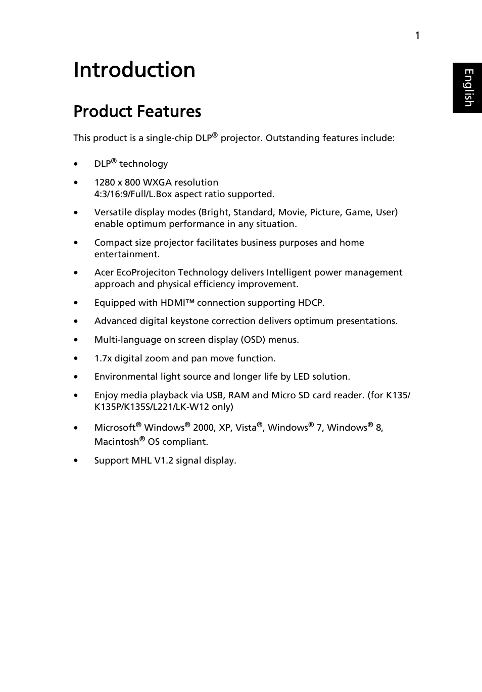 Introduction, Product features, Eng lis h | Acer K132 User Manual | Page 11 / 49