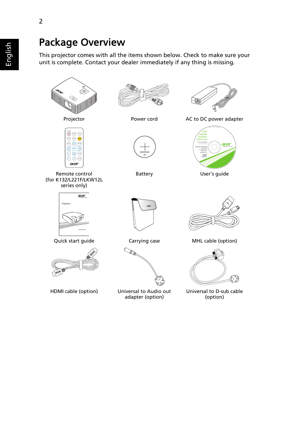 Package overview, English | Acer K132 User Manual | Page 12 / 49