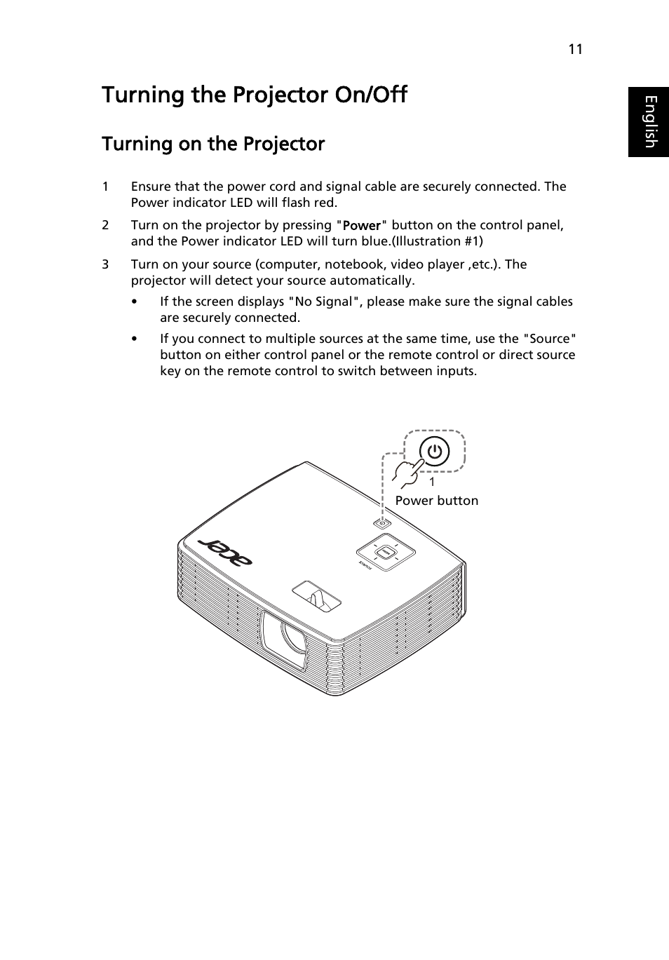 Turning the projector on/off, Turning on the projector | Acer K132 User Manual | Page 21 / 49