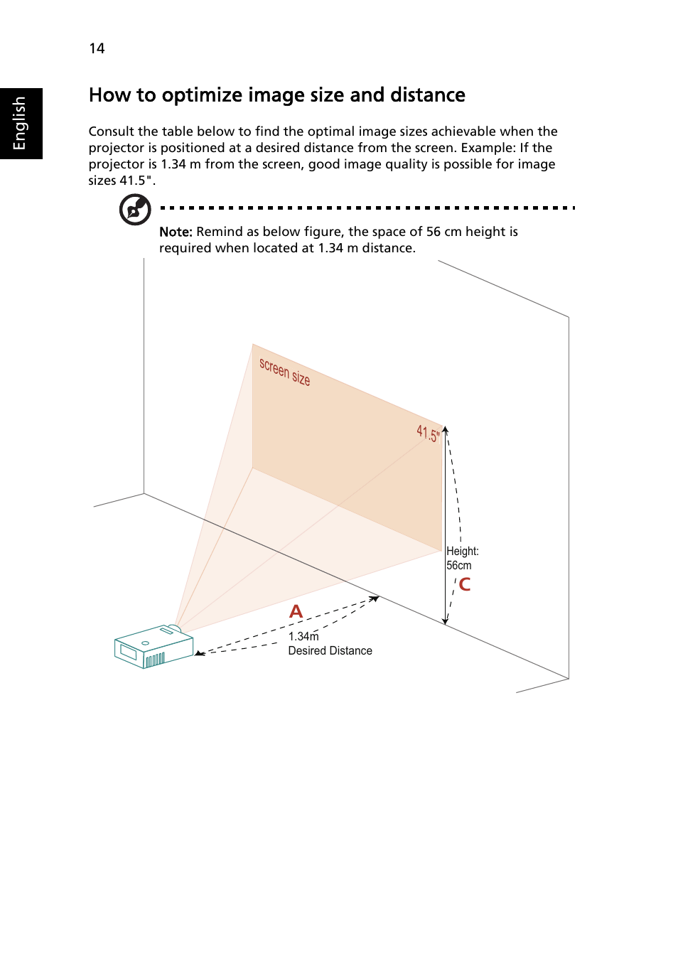 How to optimize image size and distance | Acer K132 User Manual | Page 24 / 49