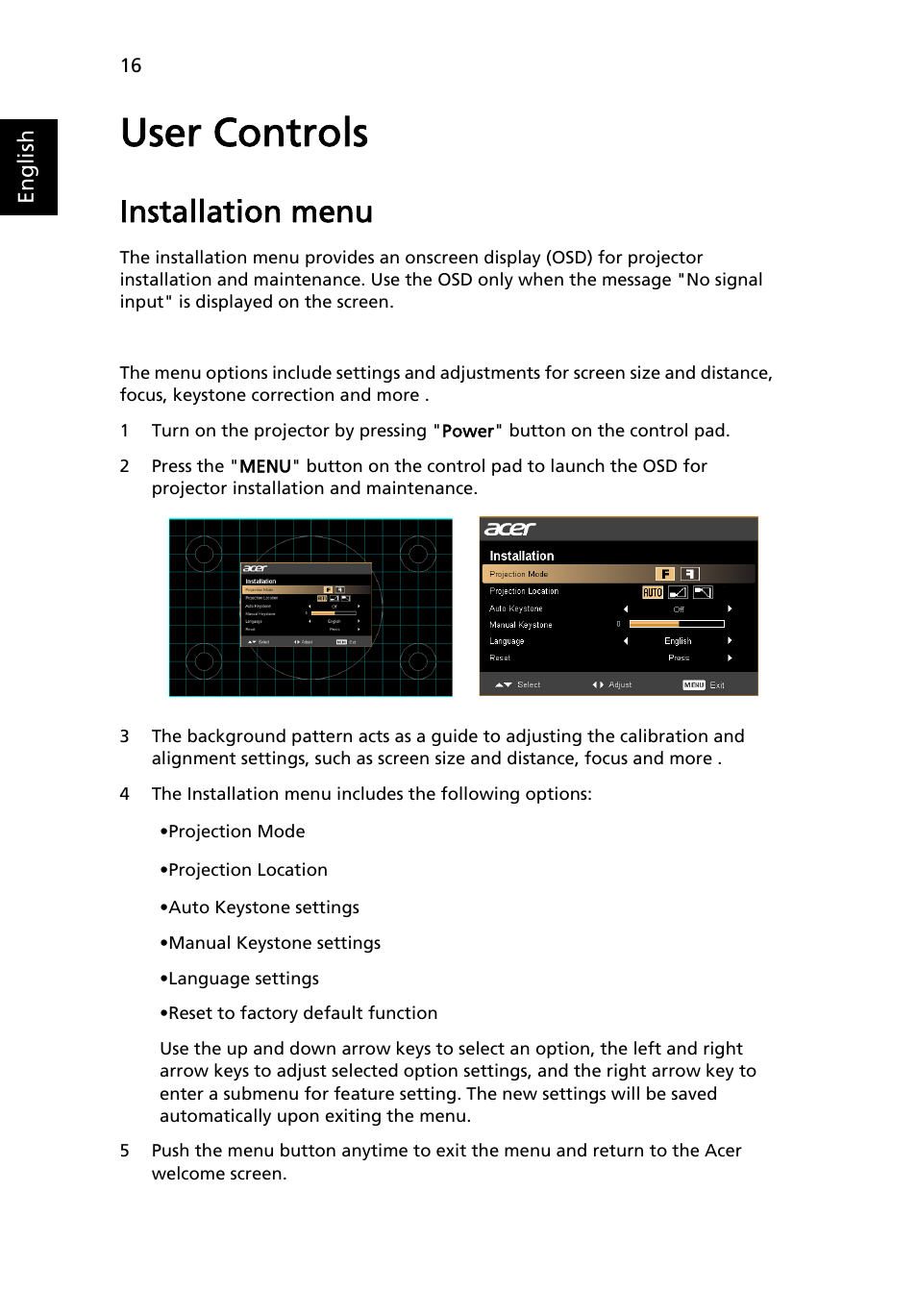 User controls, Installation menu | Acer K132 User Manual | Page 26 / 49