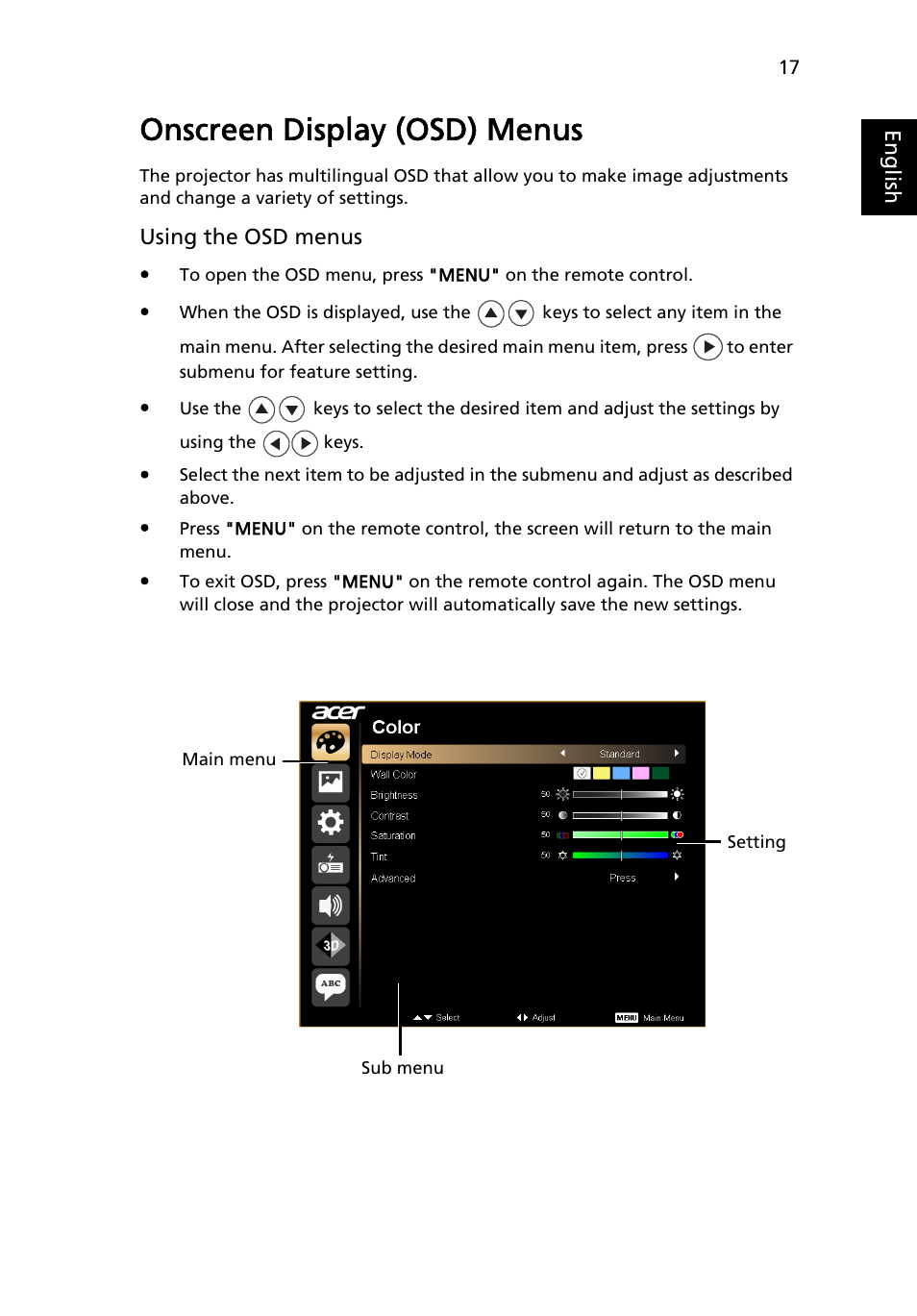 Onscreen display (osd) menus | Acer K132 User Manual | Page 27 / 49