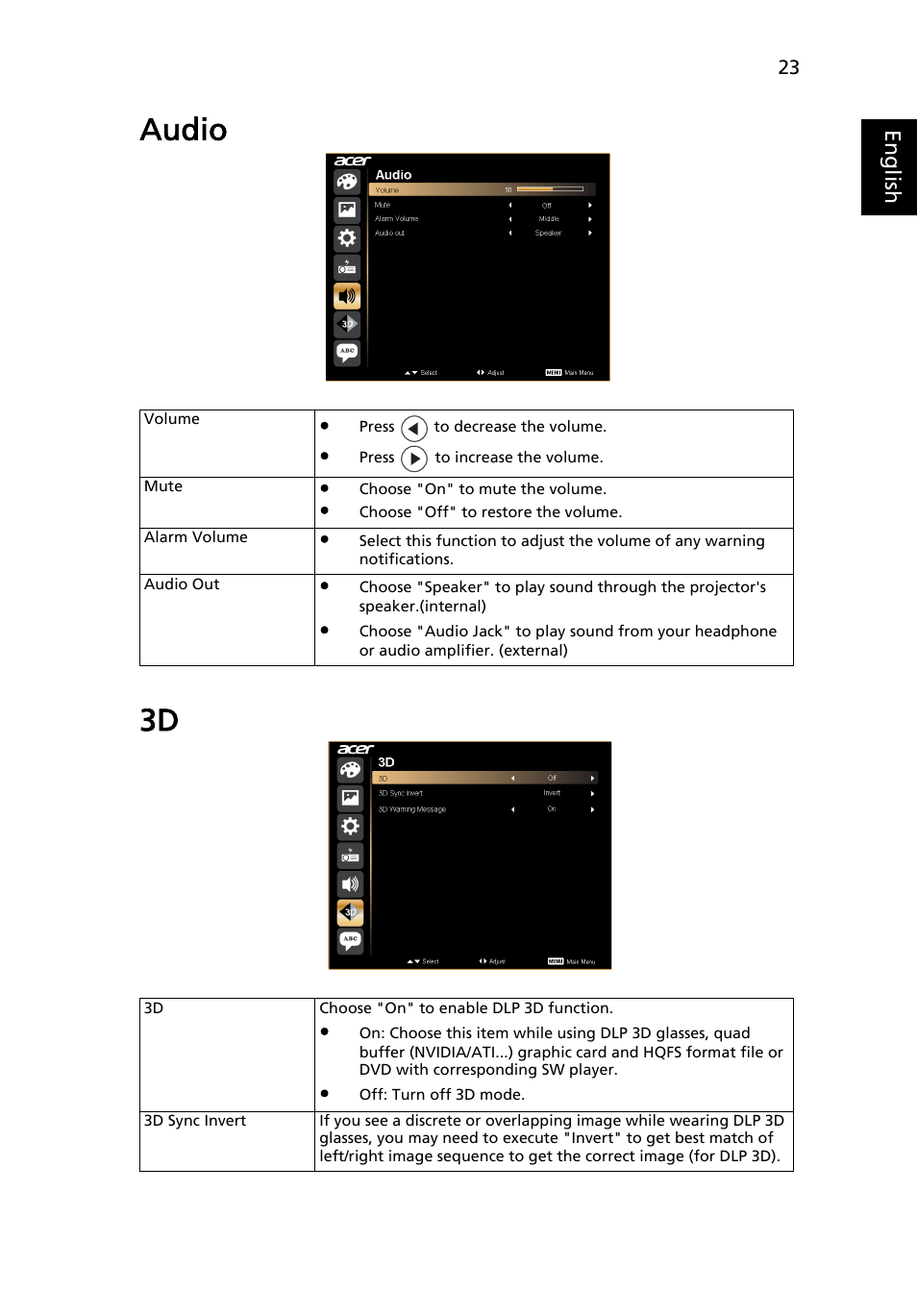 Audio, Audio 3d, Eng lis h | Acer K132 User Manual | Page 33 / 49