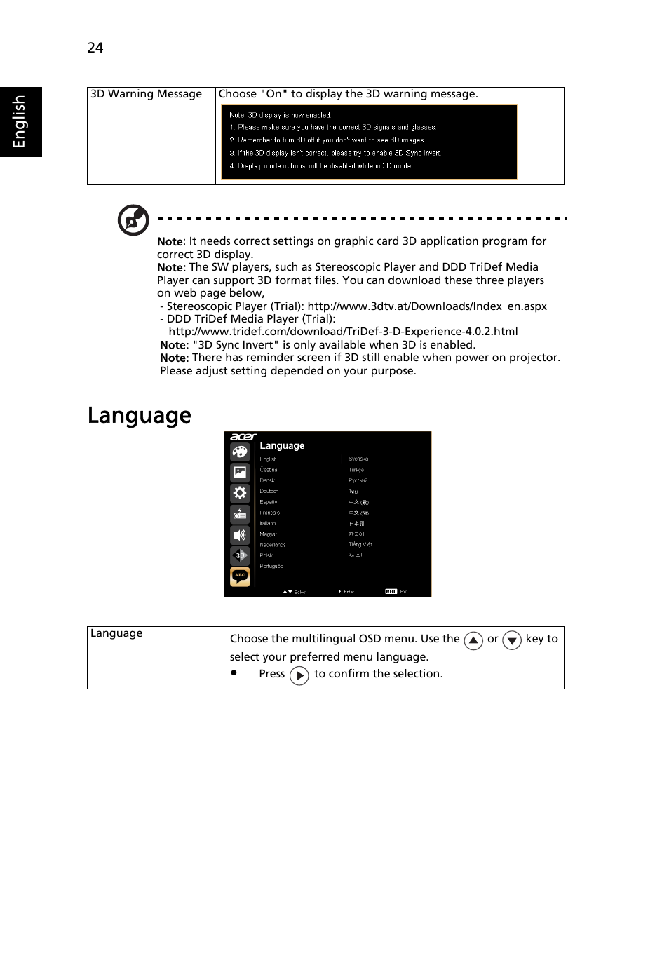 Language, English | Acer K132 User Manual | Page 34 / 49