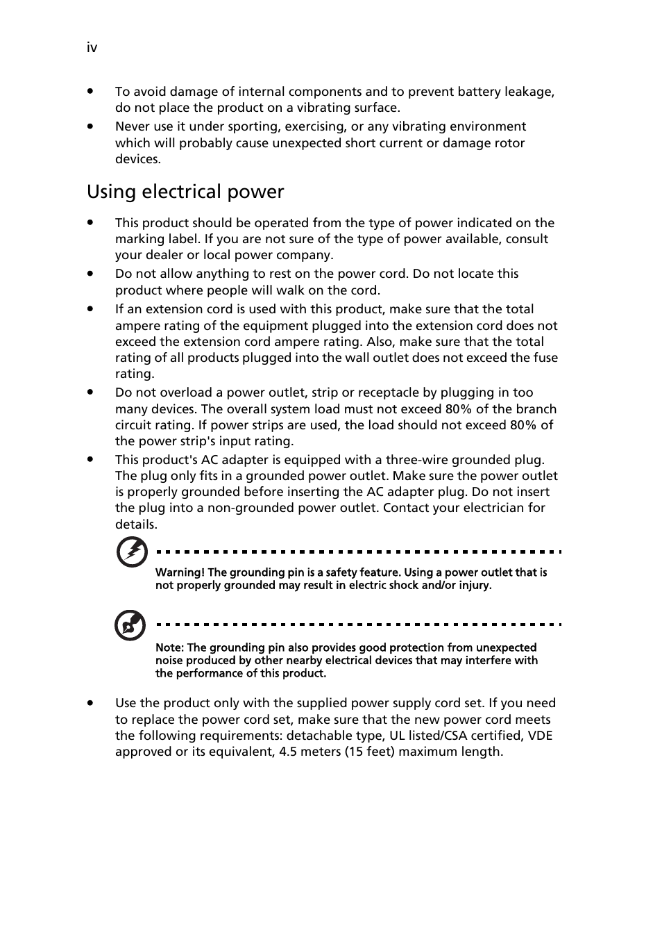 Using electrical power | Acer K132 User Manual | Page 4 / 49