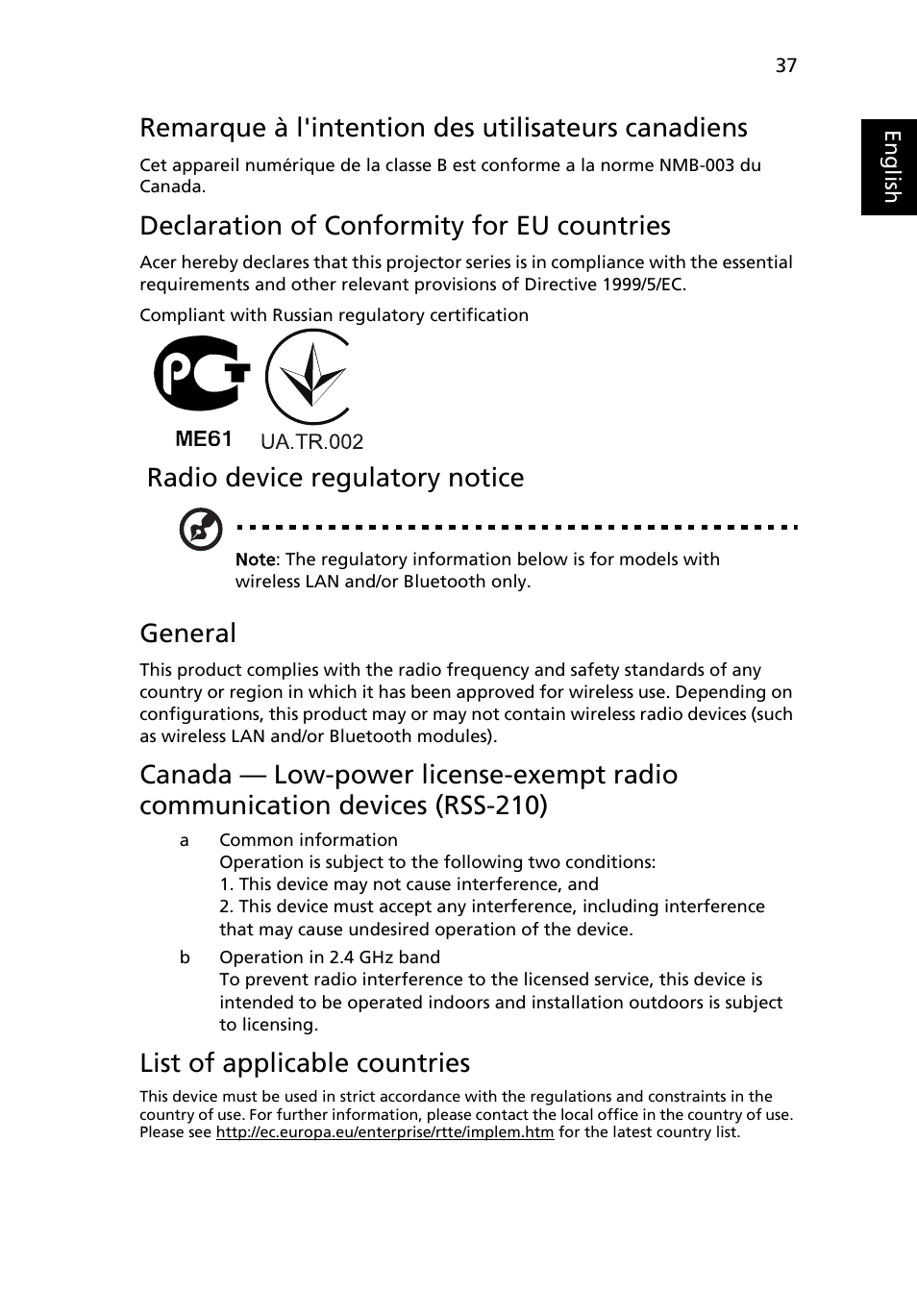 Remarque à l'intention des utilisateurs canadiens, Declaration of conformity for eu countries, Radio device regulatory notice | General, List of applicable countries | Acer K132 User Manual | Page 47 / 49