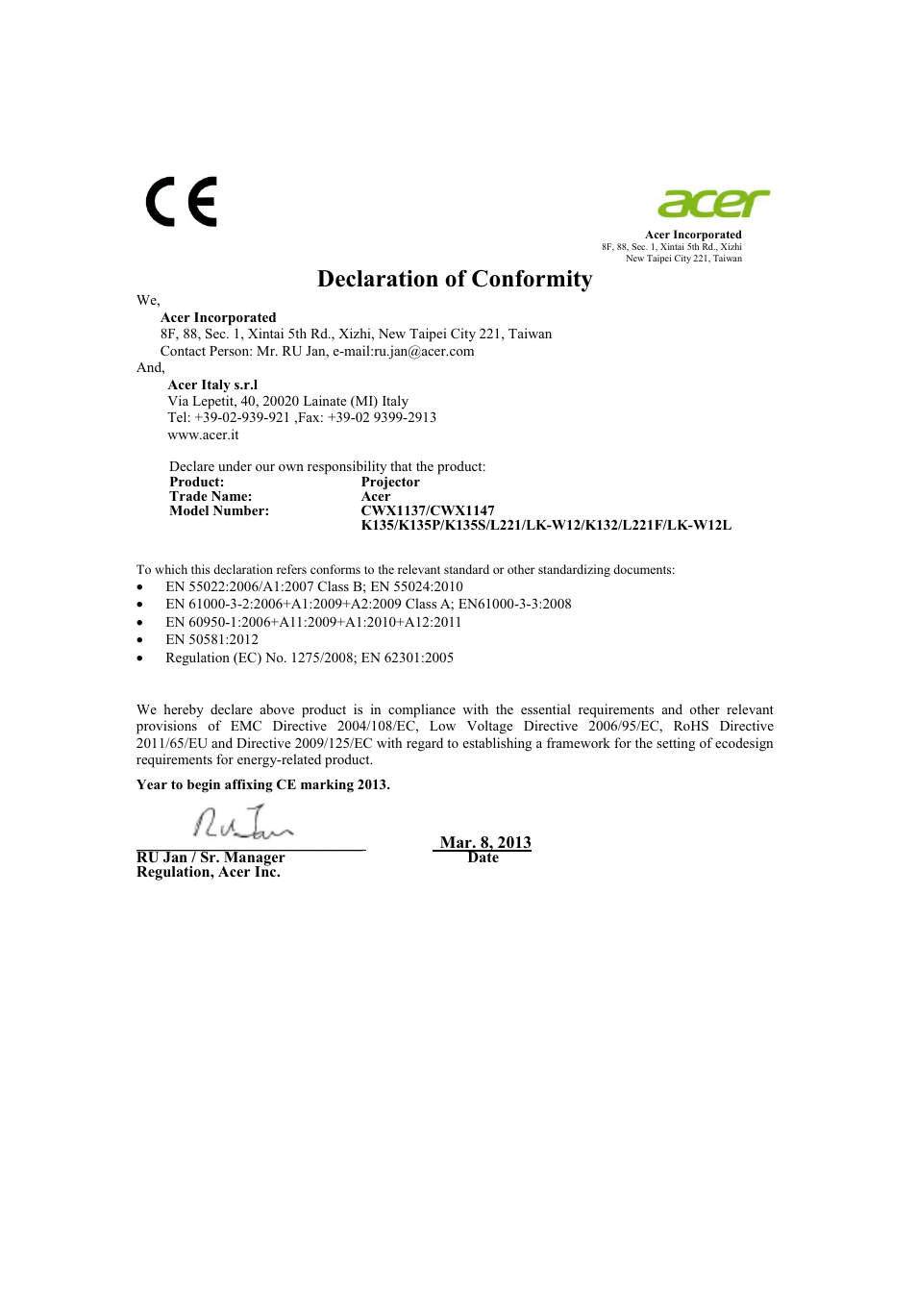 Declaration of conformity | Acer K132 User Manual | Page 48 / 49