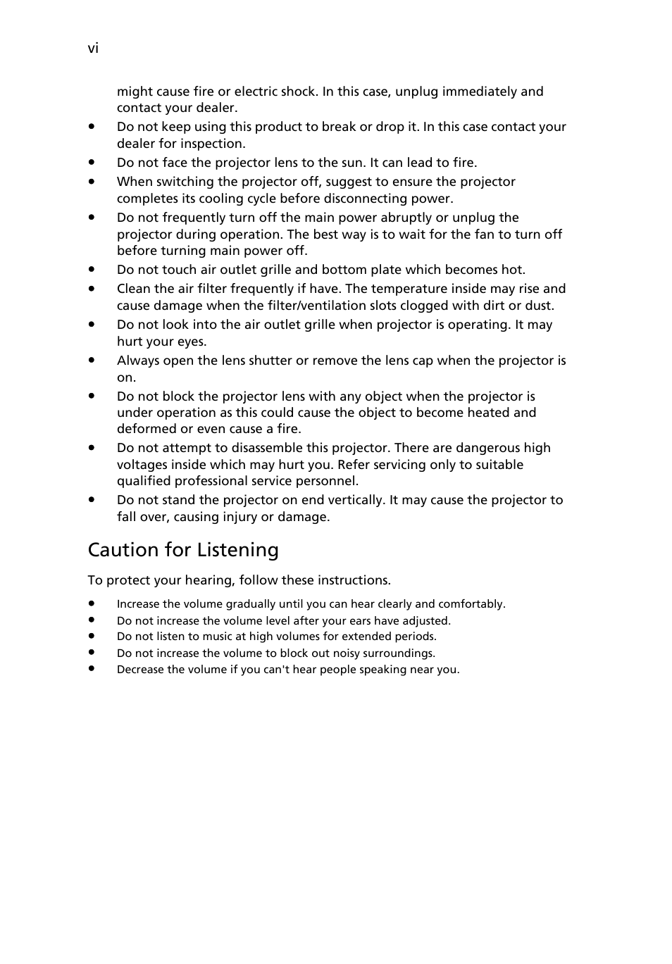 Caution for listening | Acer K132 User Manual | Page 6 / 49