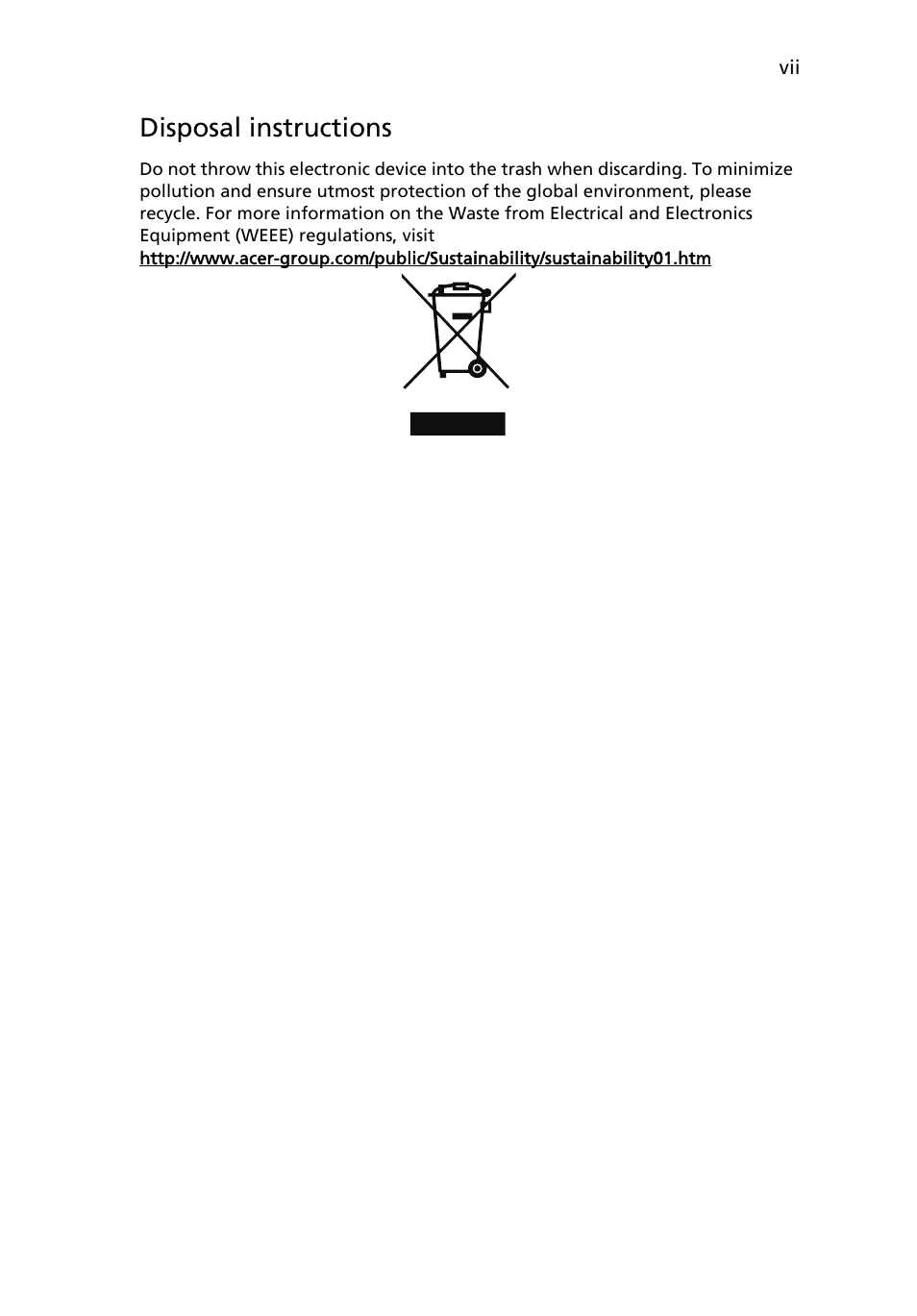 Disposal instructions | Acer K132 User Manual | Page 7 / 49