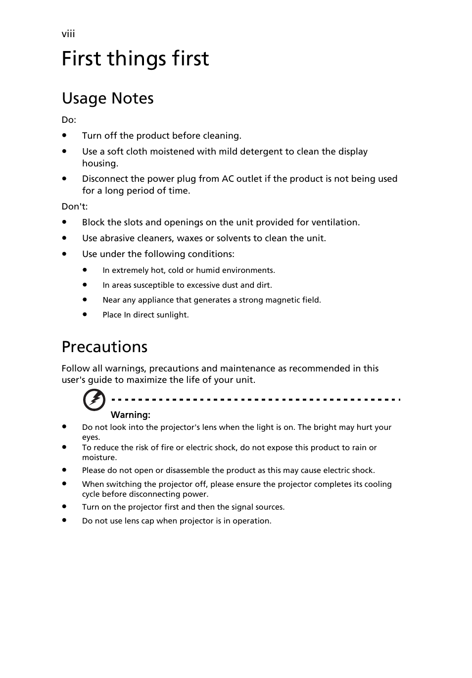 First things first, Usage notes, Precautions | Acer K132 User Manual | Page 8 / 49