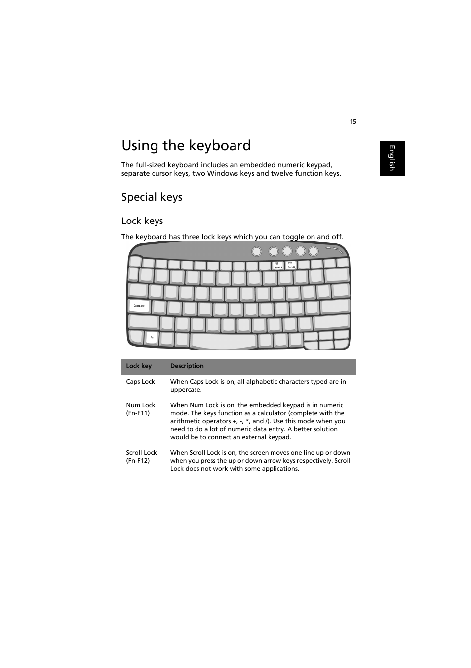 Using the keyboard, Special keys, Lock keys | Acer TravelMate 8000 User Manual | Page 23 / 99