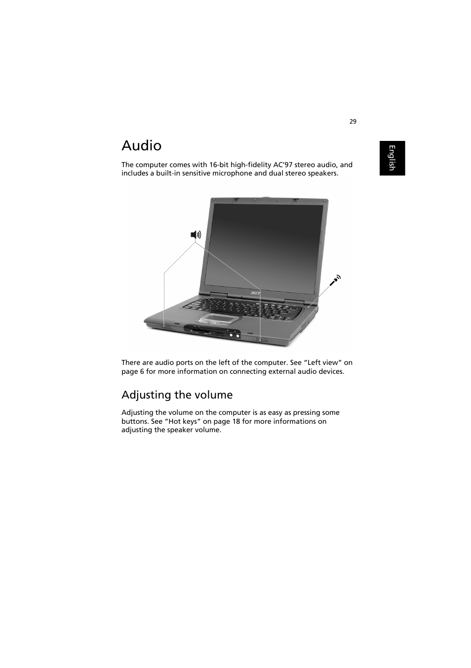 Audio, Adjusting the volume | Acer TravelMate 8000 User Manual | Page 37 / 99