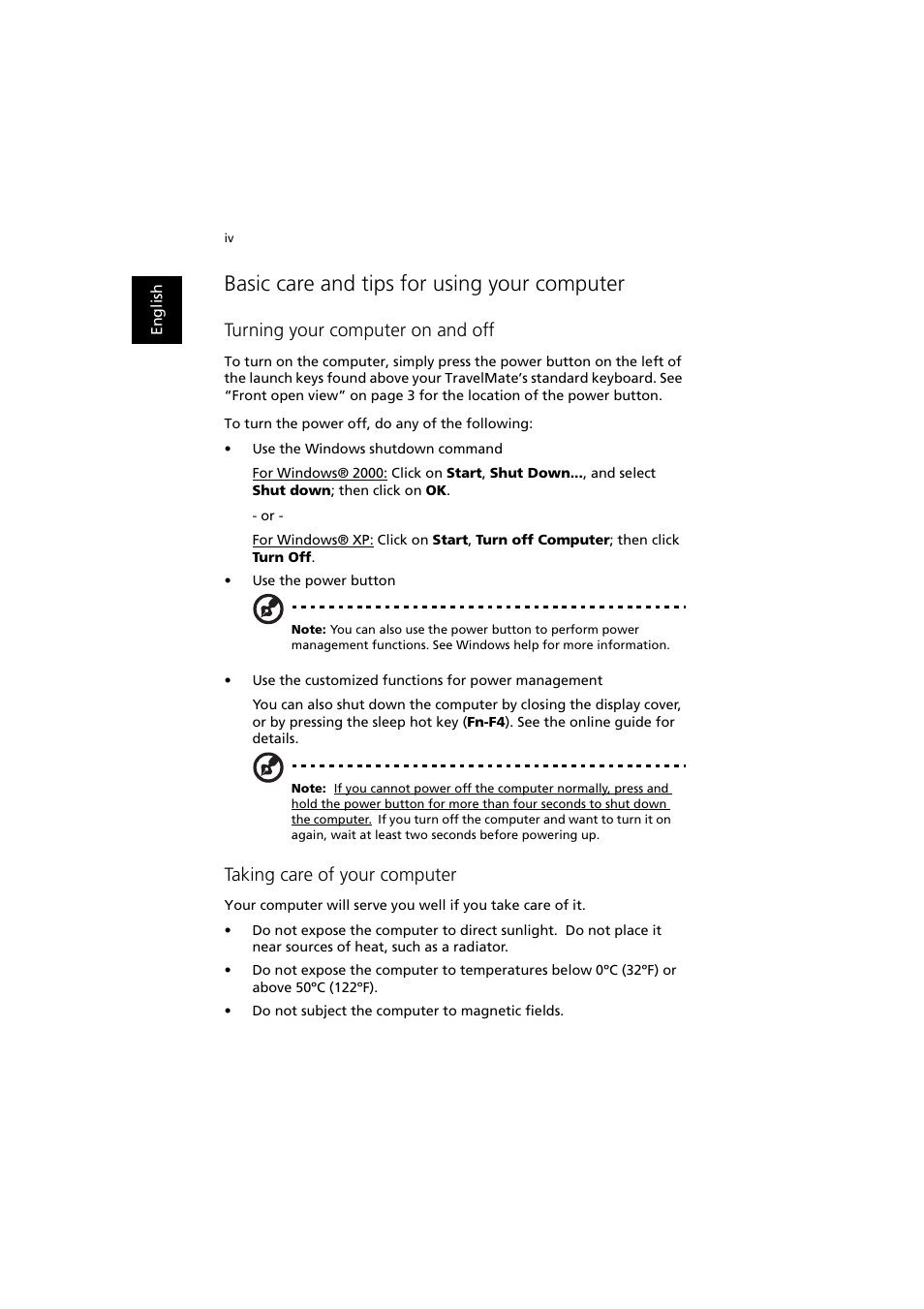 Basic care and tips for using your computer, Turning your computer on and off, Taking care of your computer | Acer TravelMate 8000 User Manual | Page 4 / 99