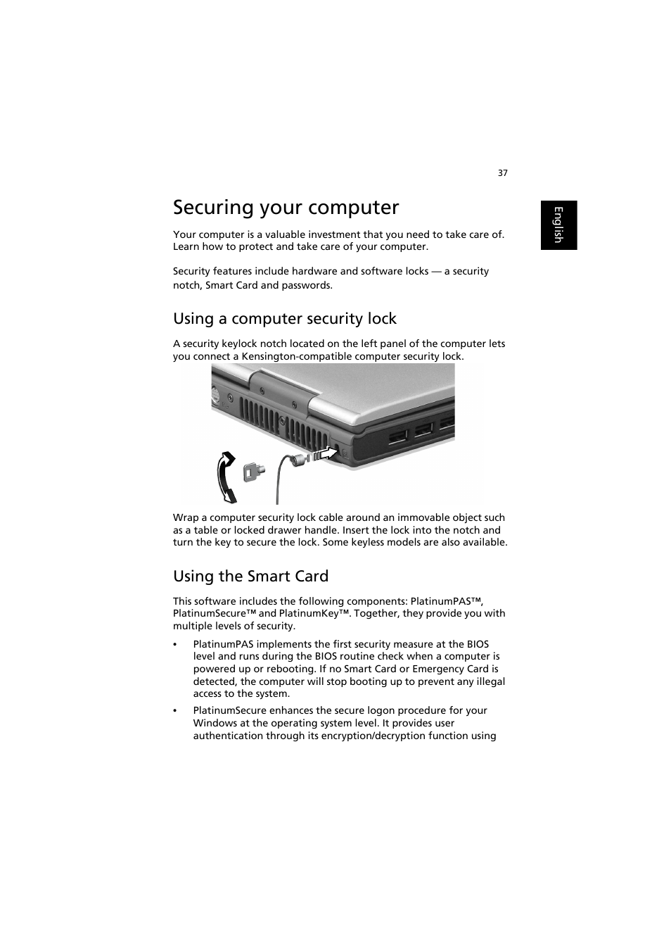 Securing your computer, Using a computer security lock, Using the smart card | Acer TravelMate 8000 User Manual | Page 45 / 99