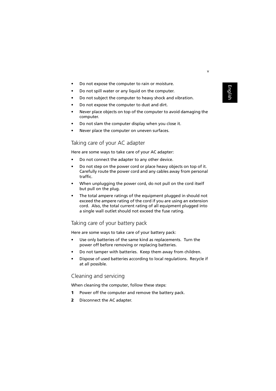 Taking care of your ac adapter, Taking care of your battery pack, Cleaning and servicing | Acer TravelMate 8000 User Manual | Page 5 / 99