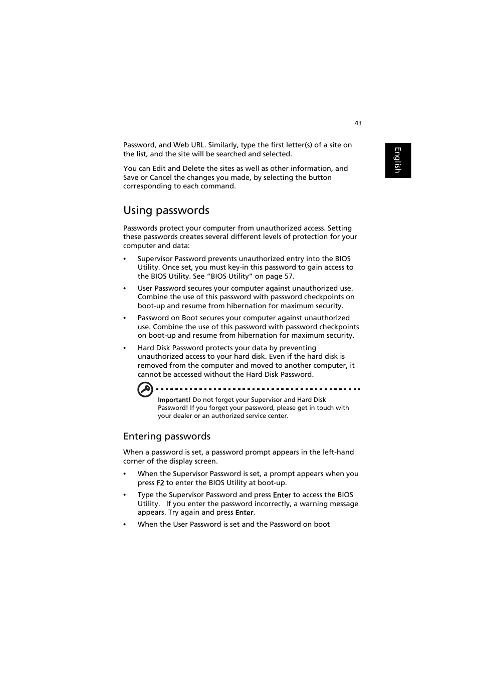 Using passwords, Entering passwords | Acer TravelMate 8000 User Manual | Page 51 / 99