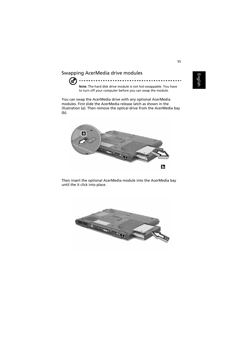 Swapping acermedia drive modules | Acer TravelMate 8000 User Manual | Page 63 / 99