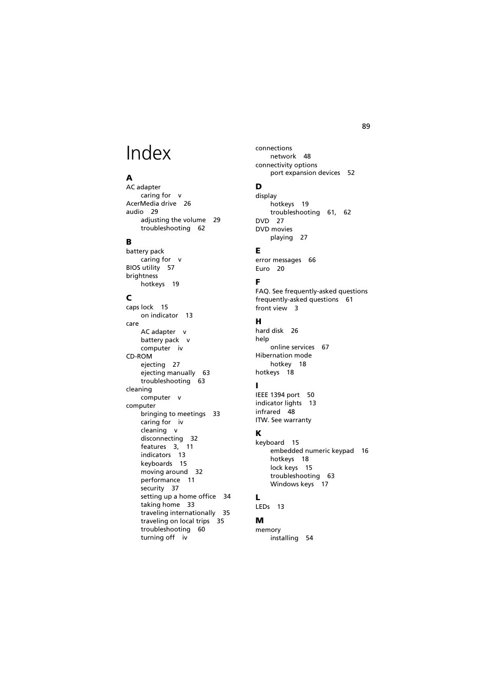 Index | Acer TravelMate 8000 User Manual | Page 97 / 99