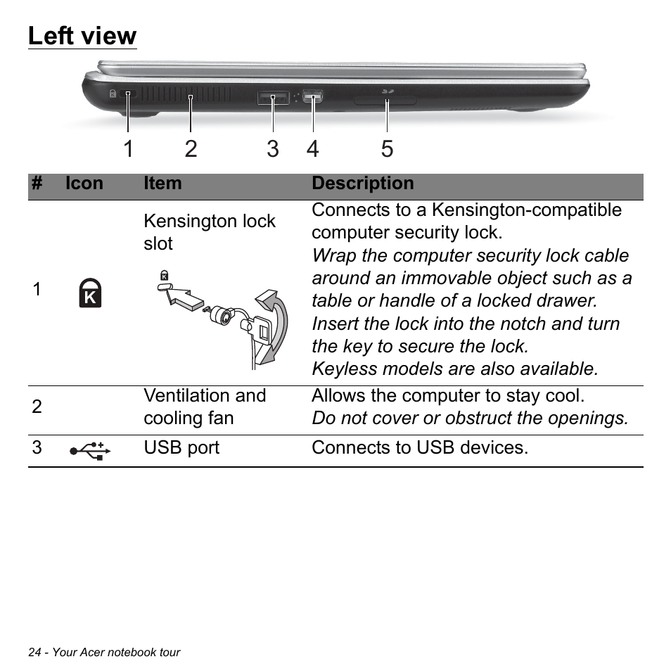 Left view | Acer Aspire V5-132 User Manual | Page 24 / 103