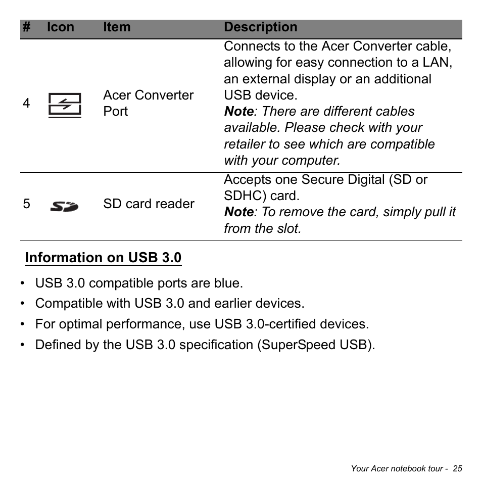 Information on usb 3.0 | Acer Aspire V5-132 User Manual | Page 25 / 103