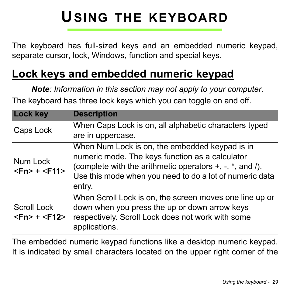 Using the keyboard, Lock keys and embedded numeric keypad, Sing | Keyboard | Acer Aspire V5-132 User Manual | Page 29 / 103