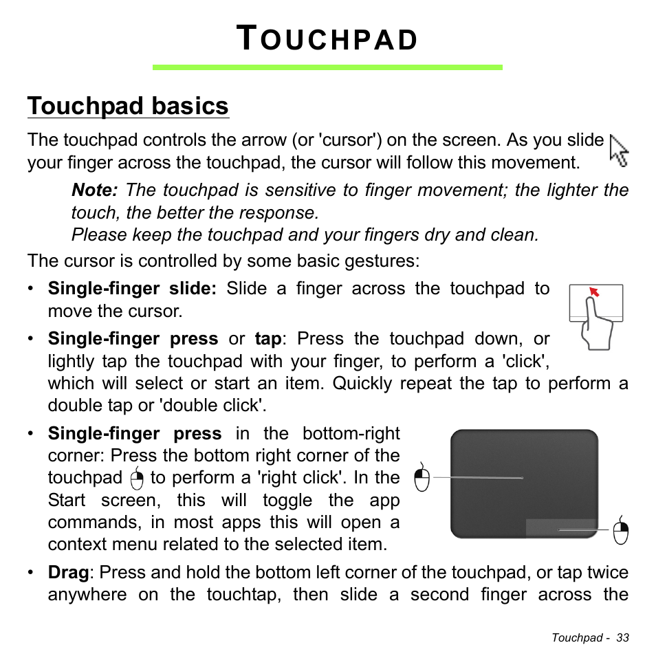 Touchpad, Touchpad basics, Ouchpad | Acer Aspire V5-132 User Manual | Page 33 / 103