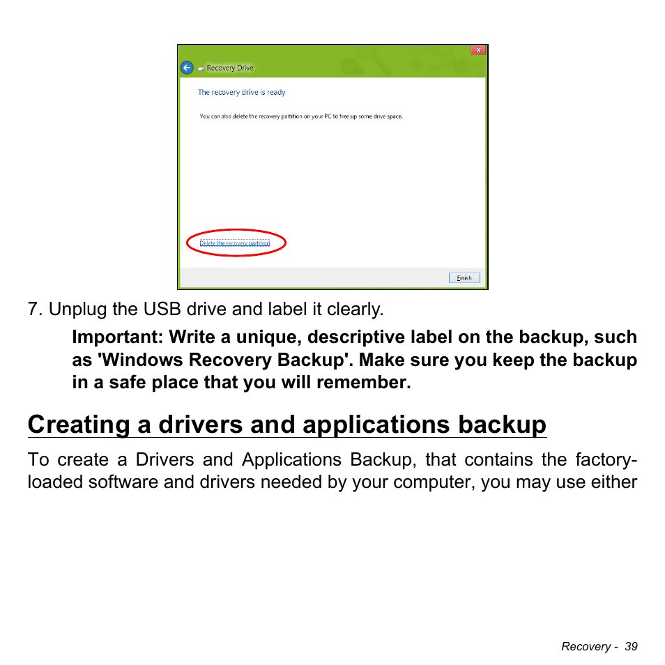 Creating a drivers and applications backup | Acer Aspire V5-132 User Manual | Page 39 / 103