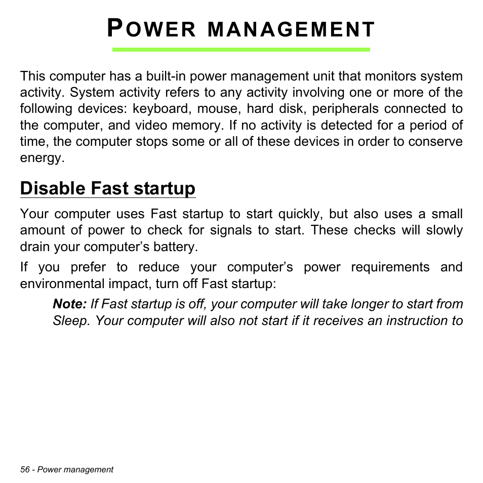 Power management, Disable fast startup, Ower | Management | Acer Aspire V5-132 User Manual | Page 56 / 103