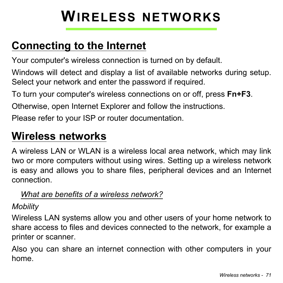 Wireless networks, Connecting to the internet, Connecting to the internet wireless networks | Ireless, Networks | Acer Aspire V5-132 User Manual | Page 71 / 103