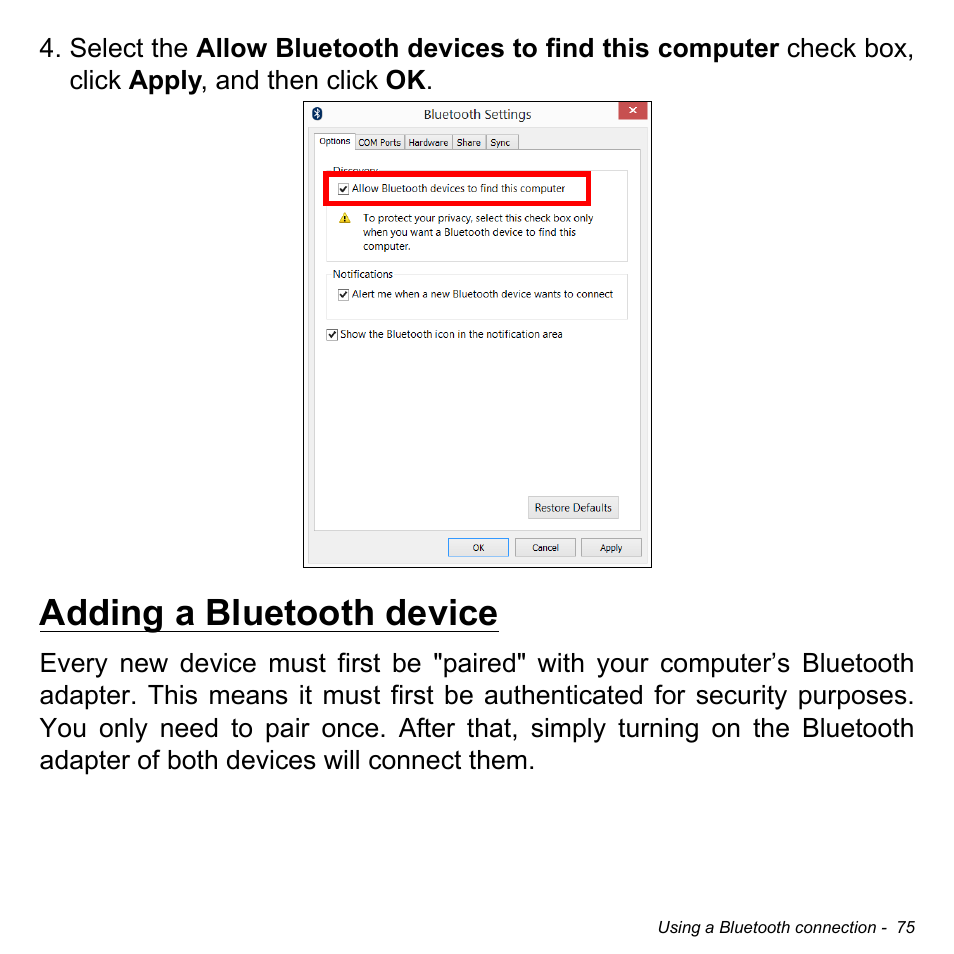 Adding a bluetooth device | Acer Aspire V5-132 User Manual | Page 75 / 103