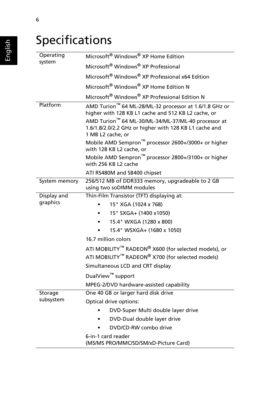 Specifications, English | Acer TravelMate 4400 User Manual | Page 14 / 67