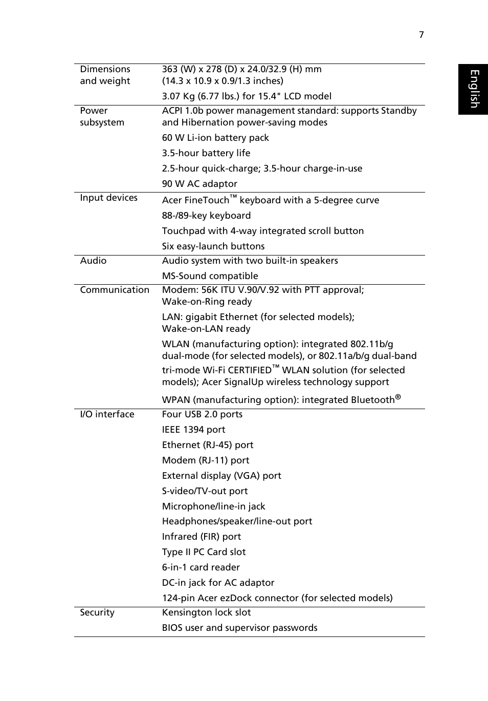 Eng lis h | Acer TravelMate 4400 User Manual | Page 15 / 67